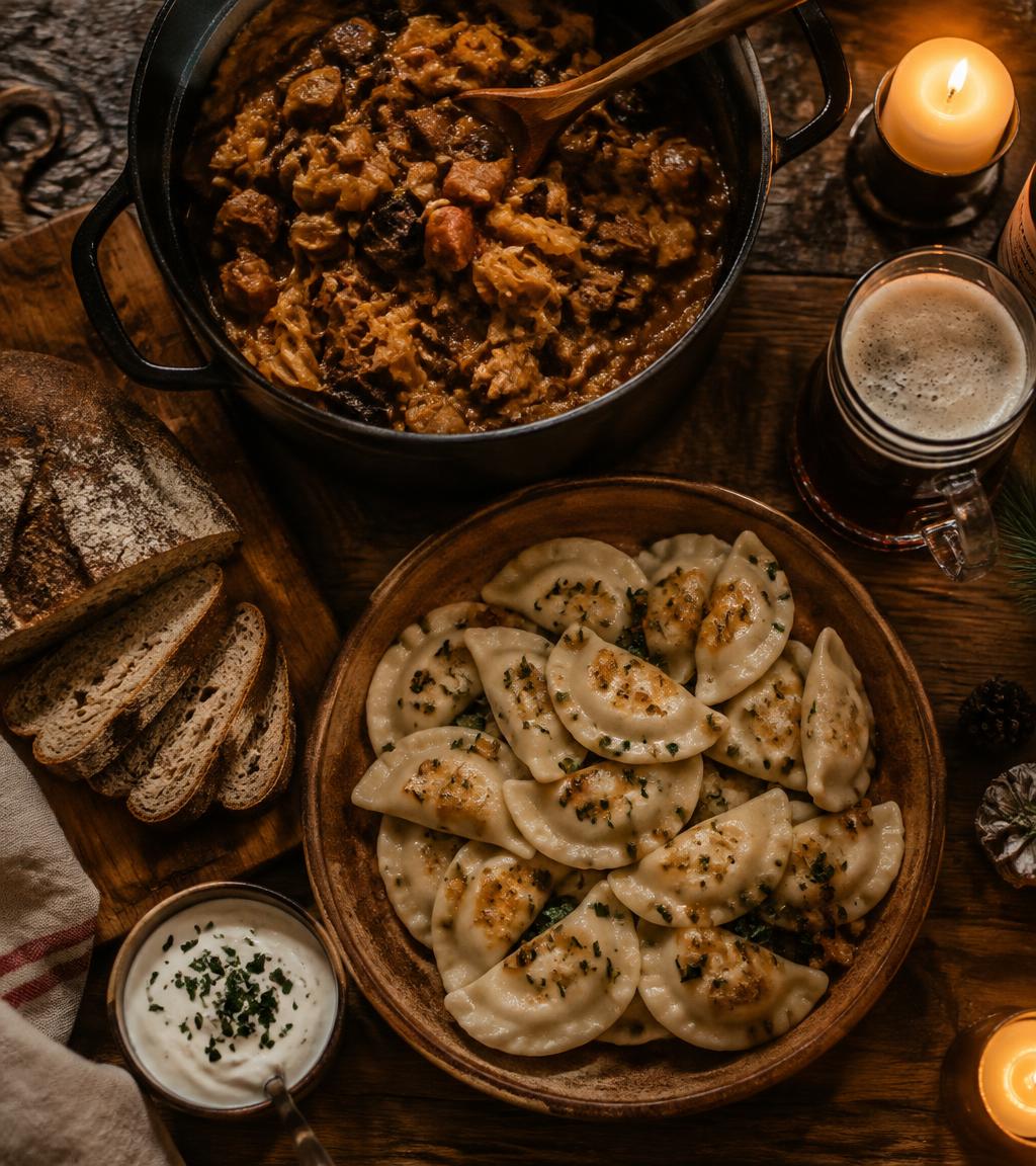 A rustic table with pierogi, bigos stew, bread and beer by candlelight